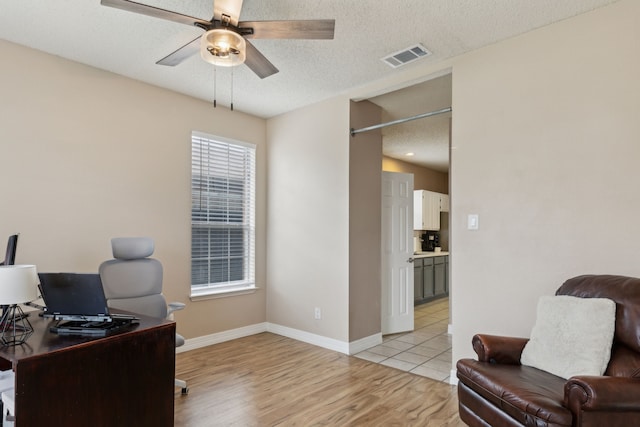 office featuring ceiling fan, a textured ceiling, visible vents, light wood-type flooring, and baseboards