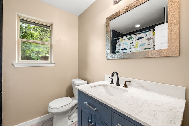 full bath with tile patterned flooring, vanity, curtained shower, toilet, and baseboards