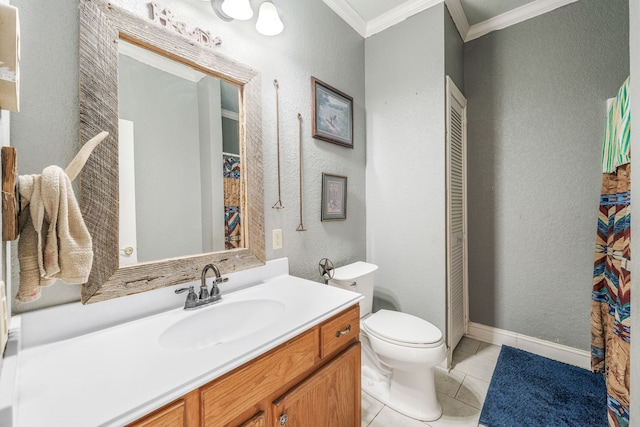 bathroom featuring crown molding, a textured wall, vanity, toilet, and tile patterned floors