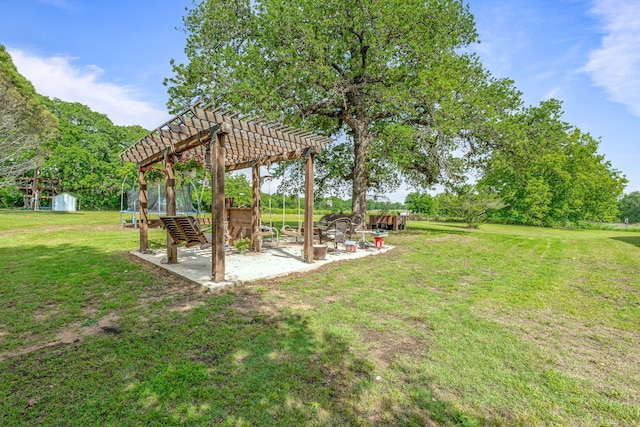 view of yard with a patio, a pergola, an outdoor structure, and a shed