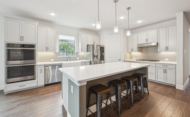 3004 Culver Ave, Celina, TX 75009 - kitchen with a kitchen island, a kitchen bar, appliances with stainless steel finishes, a sink, and under cabinet range hood