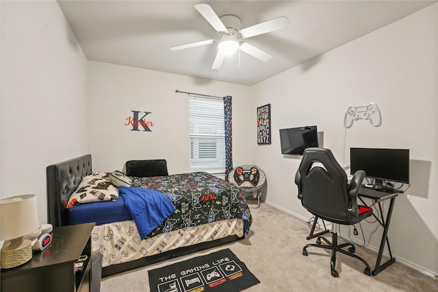 bedroom featuring carpet flooring, ceiling fan, and baseboards