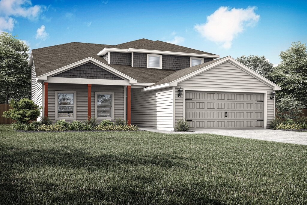 view of front of house featuring a garage, roof with shingles, driveway, and a front lawn