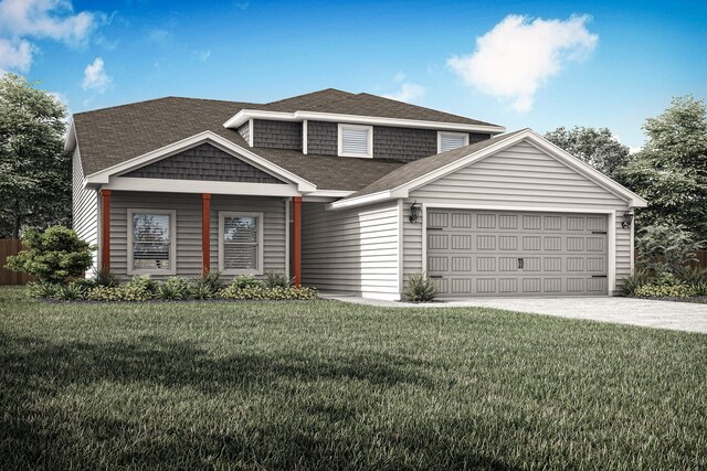 view of front of house featuring a garage, roof with shingles, driveway, and a front lawn
