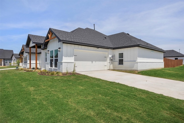 view of side of property featuring board and batten siding, a shingled roof, driveway, and brick siding