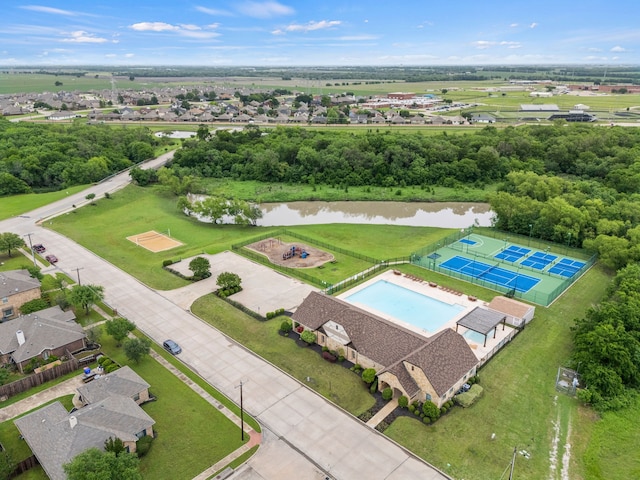 aerial view featuring a water view