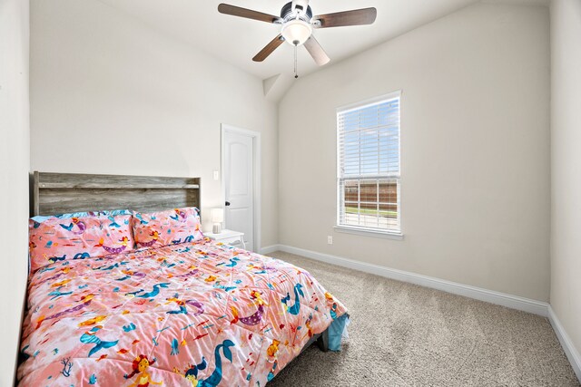 carpeted bedroom featuring baseboards and ceiling fan