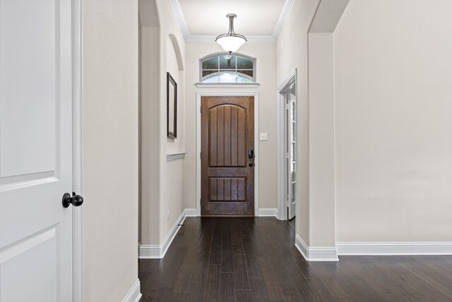 foyer entrance featuring dark wood-type flooring, ornamental molding, and baseboards