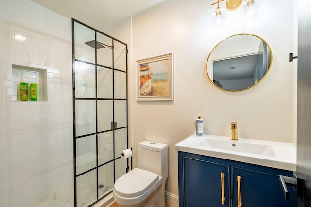 full bathroom with a walk in shower, vanity, and toilet