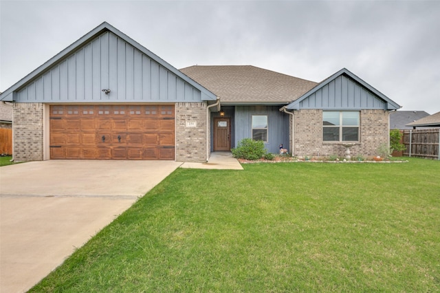 view of front facade with fence, brick siding, a garage, board and batten siding, and concrete driveway