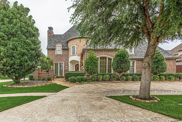 4230 Indian Creek Ln, Frisco, TX 75033 - french country inspired facade featuring brick siding, a chimney, and a front lawn