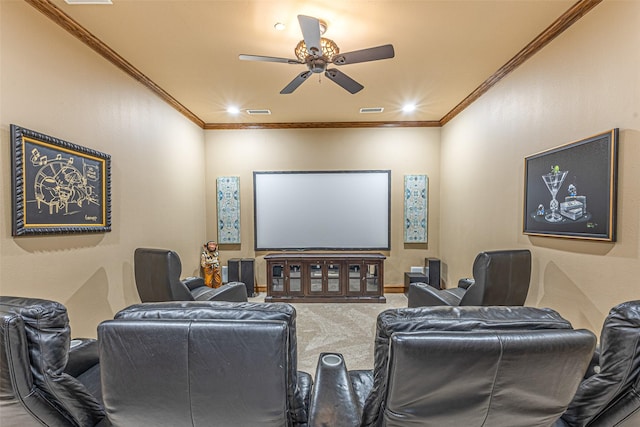 4230 Indian Creek Ln, Frisco, TX 75033 - cinema with a ceiling fan, visible vents, and crown molding