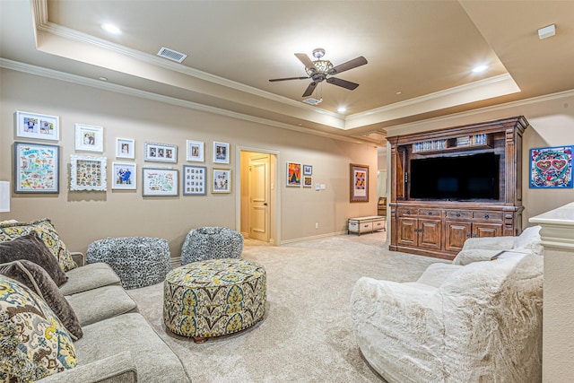 4230 Indian Creek Ln, Frisco, TX 75033 - living room with a raised ceiling, a ceiling fan, crown molding, carpet floors, and baseboards