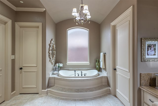 bathroom featuring a garden tub, a notable chandelier, baseboards, tile patterned floors, and lofted ceiling