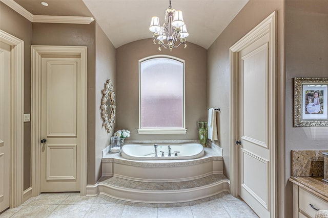 4230 Indian Creek Ln, Frisco, TX 75033 - full bath with a chandelier, a garden tub, baseboards, vaulted ceiling, and tile patterned flooring