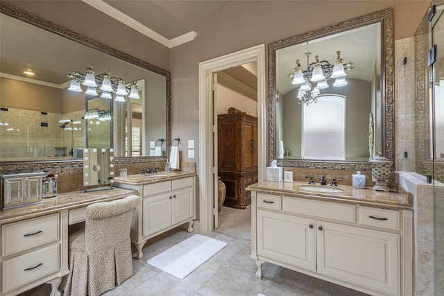 bathroom with a sink, lofted ceiling, a stall shower, and two vanities