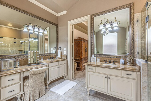 4230 Indian Creek Ln, Frisco, TX 75033 - full bath with a shower stall, vaulted ceiling, two vanities, crown molding, and stone finish flooring
