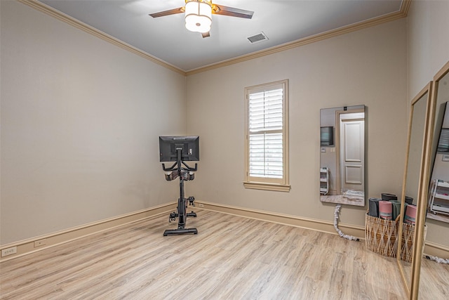 4230 Indian Creek Ln, Frisco, TX 75033 - exercise area featuring wood finished floors, crown molding, a ceiling fan, and baseboards