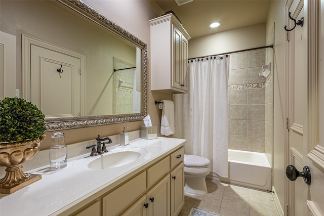 bathroom with tile patterned flooring, shower / tub combo with curtain, vanity, toilet, and recessed lighting