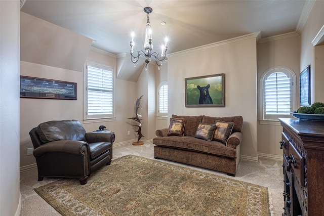 living area featuring an inviting chandelier, carpet floors, ornamental molding, and baseboards