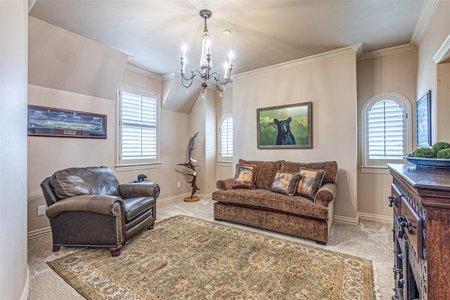 4230 Indian Creek Ln, Frisco, TX 75033 - living room with a chandelier, baseboards, carpet, and crown molding