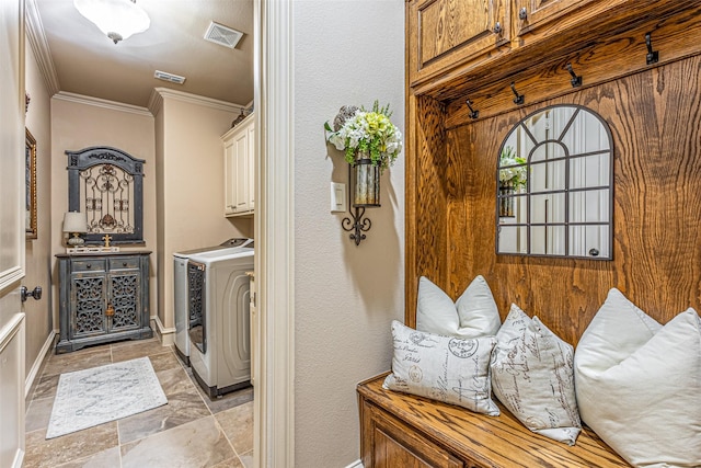 4230 Indian Creek Ln, Frisco, TX 75033 - clothes washing area featuring cabinet space, independent washer and dryer, crown molding, and baseboards