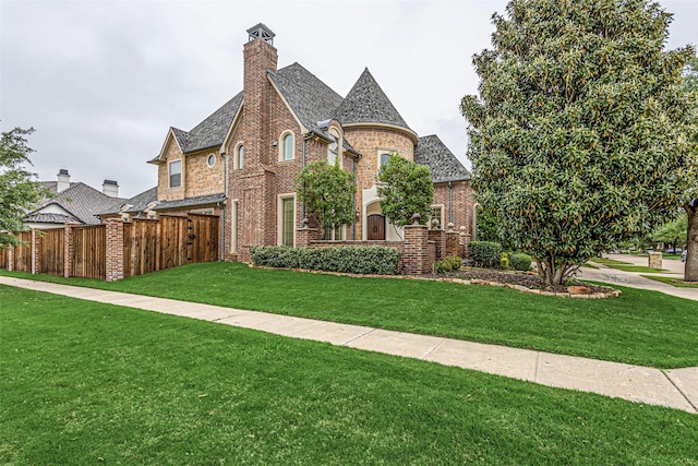 4230 Indian Creek Ln, Frisco, TX 75033 - tudor house featuring fence, a chimney, brick siding, and a front yard