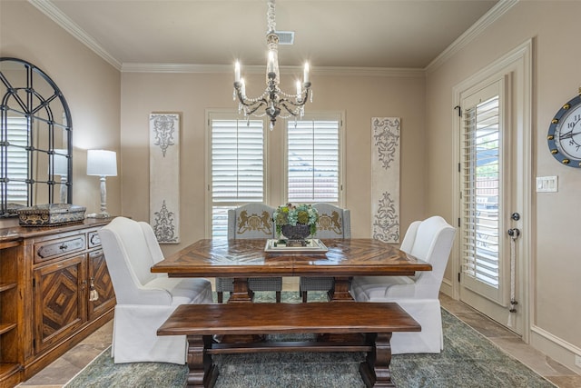 dining area featuring visible vents, crown molding, a notable chandelier, and stone tile flooring