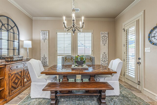 4230 Indian Creek Ln, Frisco, TX 75033 - dining room with a chandelier, ornamental molding, and stone finish flooring