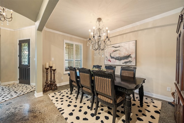 1005 Mallard Lakes Dr, Mckinney, TX 75072 - dining space with a chandelier, speckled floor, baseboards, and crown molding