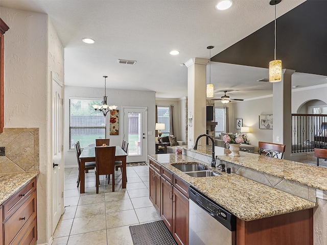 2420 Forest Gate Dr, Little Elm, TX 75068 - kitchen with dishwasher, a sink, open floor plan, ceiling fan, and plenty of natural light