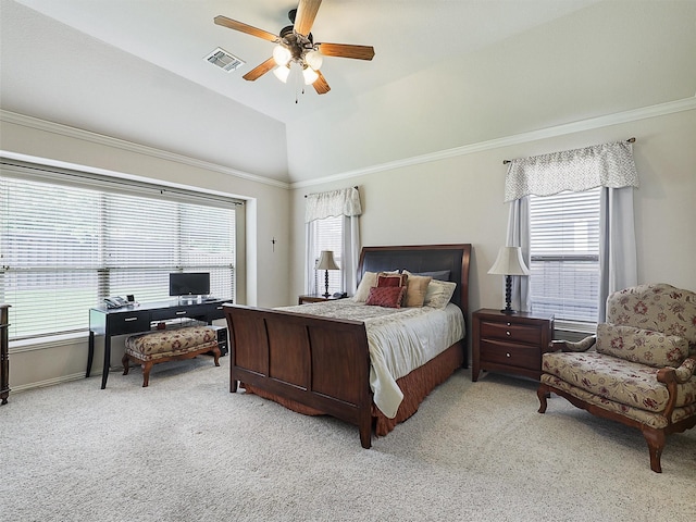 2420 Forest Gate Dr, Little Elm, TX 75068 - bedroom with light carpet, vaulted ceiling, ceiling fan, and a desk
