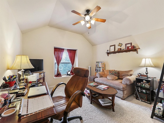 2420 Forest Gate Dr, Little Elm, TX 75068 - carpeted home office featuring ceiling fan and vaulted ceiling