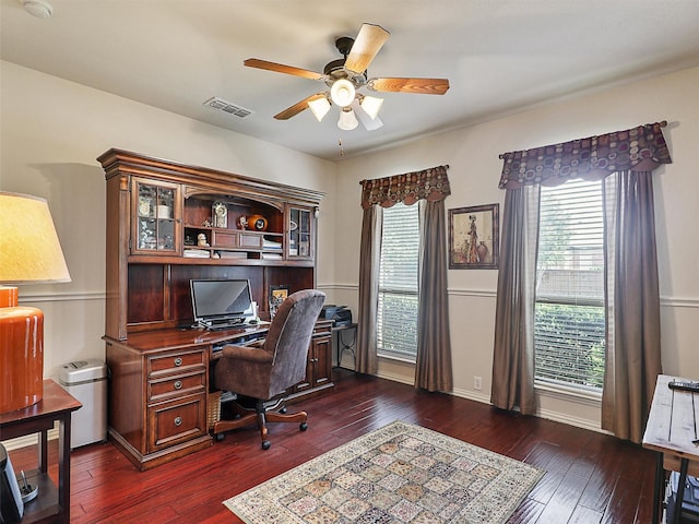 2420 Forest Gate Dr, Little Elm, TX 75068 - office space with a ceiling fan, dark wood-type flooring, and baseboards