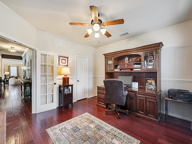 2420 Forest Gate Dr, Little Elm, TX 75068 - office area with ceiling fan, dark wood finished floors, and french doors
