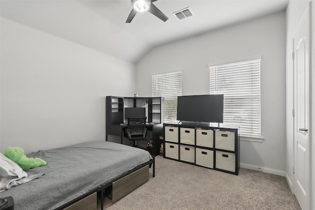 1036 Fairfax Dr, Godley, TX 76044 - bedroom featuring carpet, vaulted ceiling, and ceiling fan