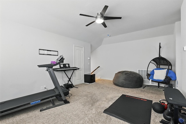 1036 Fairfax Dr, Godley, TX 76044 - workout area featuring ceiling fan, vaulted ceiling, carpet flooring, and baseboards