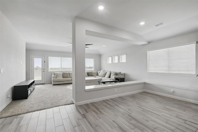 1036 Fairfax Dr, Godley, TX 76044 - living area featuring light wood finished floors, a ceiling fan, baseboards, and recessed lighting