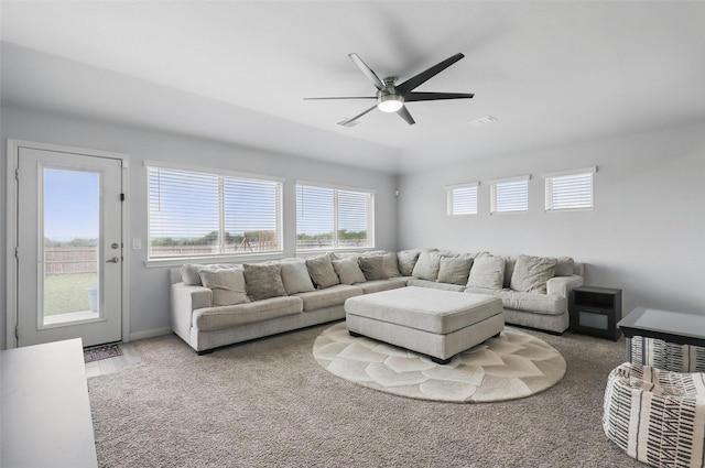 1036 Fairfax Dr, Godley, TX 76044 - carpeted living room with ceiling fan and baseboards