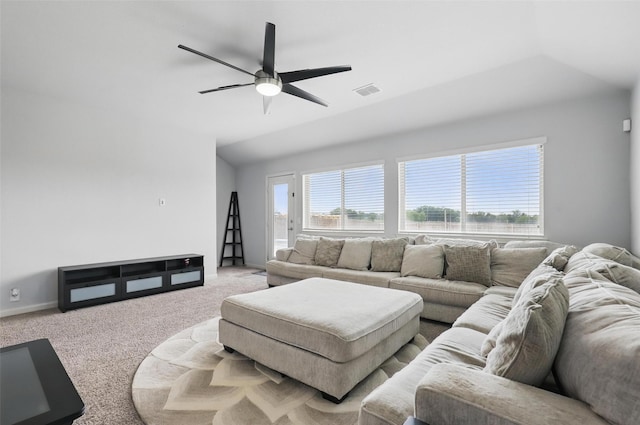 1036 Fairfax Dr, Godley, TX 76044 - living room with lofted ceiling, carpet floors, healthy amount of natural light, ceiling fan, and baseboards
