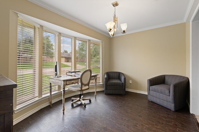 home office featuring baseboards, ornamental molding, dark wood-type flooring, and a notable chandelier