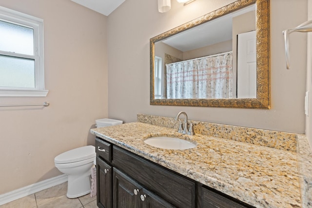 full bath featuring tile patterned floors, baseboards, vanity, toilet, and a shower with shower curtain