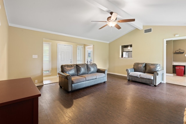living room with a ceiling fan, visible vents, baseboards, lofted ceiling with beams, and dark wood-type flooring