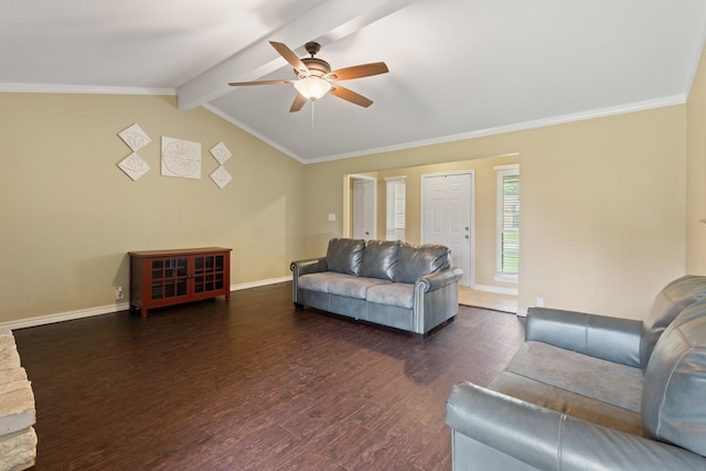 living area with a ceiling fan, crown molding, baseboards, vaulted ceiling with beams, and dark wood-type flooring