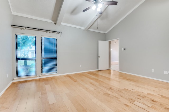 empty room with ceiling fan, wood finished floors, and baseboards