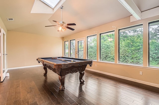 playroom featuring baseboards, billiards, lofted ceiling with skylight, and wood finished floors