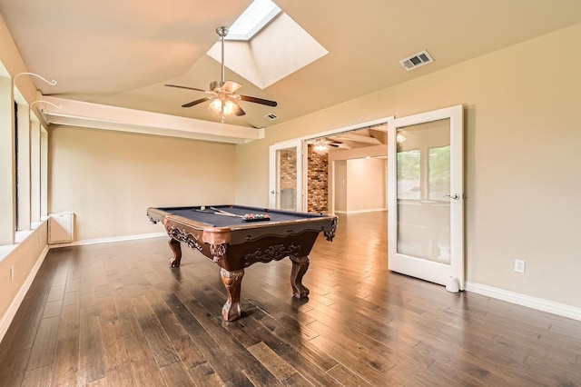 rec room with a ceiling fan, visible vents, pool table, hardwood / wood-style flooring, and baseboards