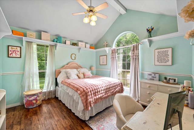 bedroom featuring a ceiling fan, high vaulted ceiling, beam ceiling, and wood finished floors