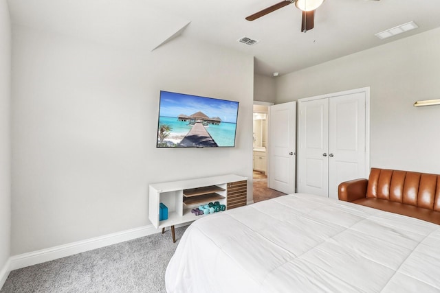12728 Friar St, Farmers Branch, TX 75234 - carpeted bedroom featuring baseboards, ceiling fan, a closet, and visible vents