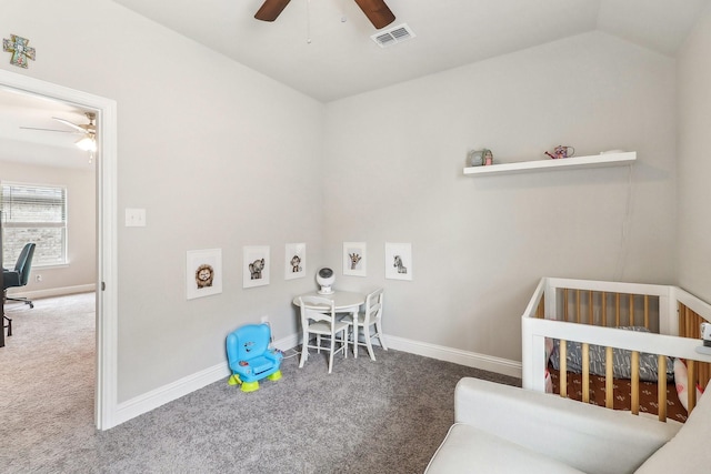 game room with carpet floors, a ceiling fan, lofted ceiling, and visible vents
